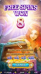 Mermaid Riches · Identifikasi simbol utama serta urutan pengali kemenangan di atas gulungan.
